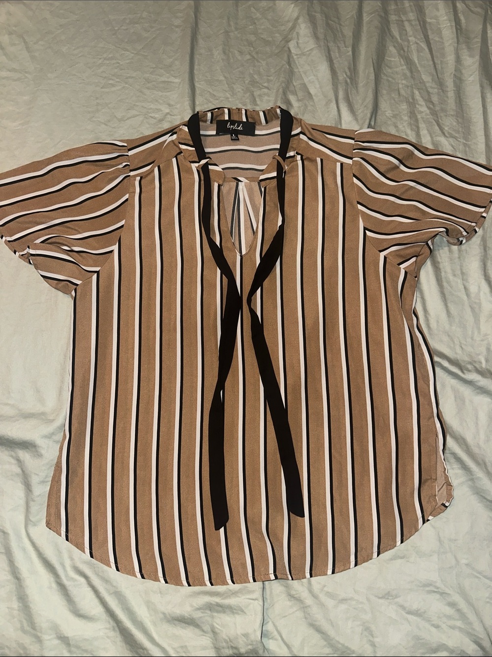 Striped Tie-Neck Blouse in Brown and Black - Lipslide